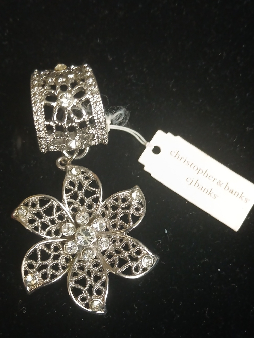 Christopher & Banks Silver-Tone Filigree Flower Charm Scarf Ring